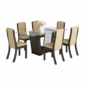 Lider Juego de Comedor Mesa Cubierta Vidrio 6 Sillas Venus Nogal oferta