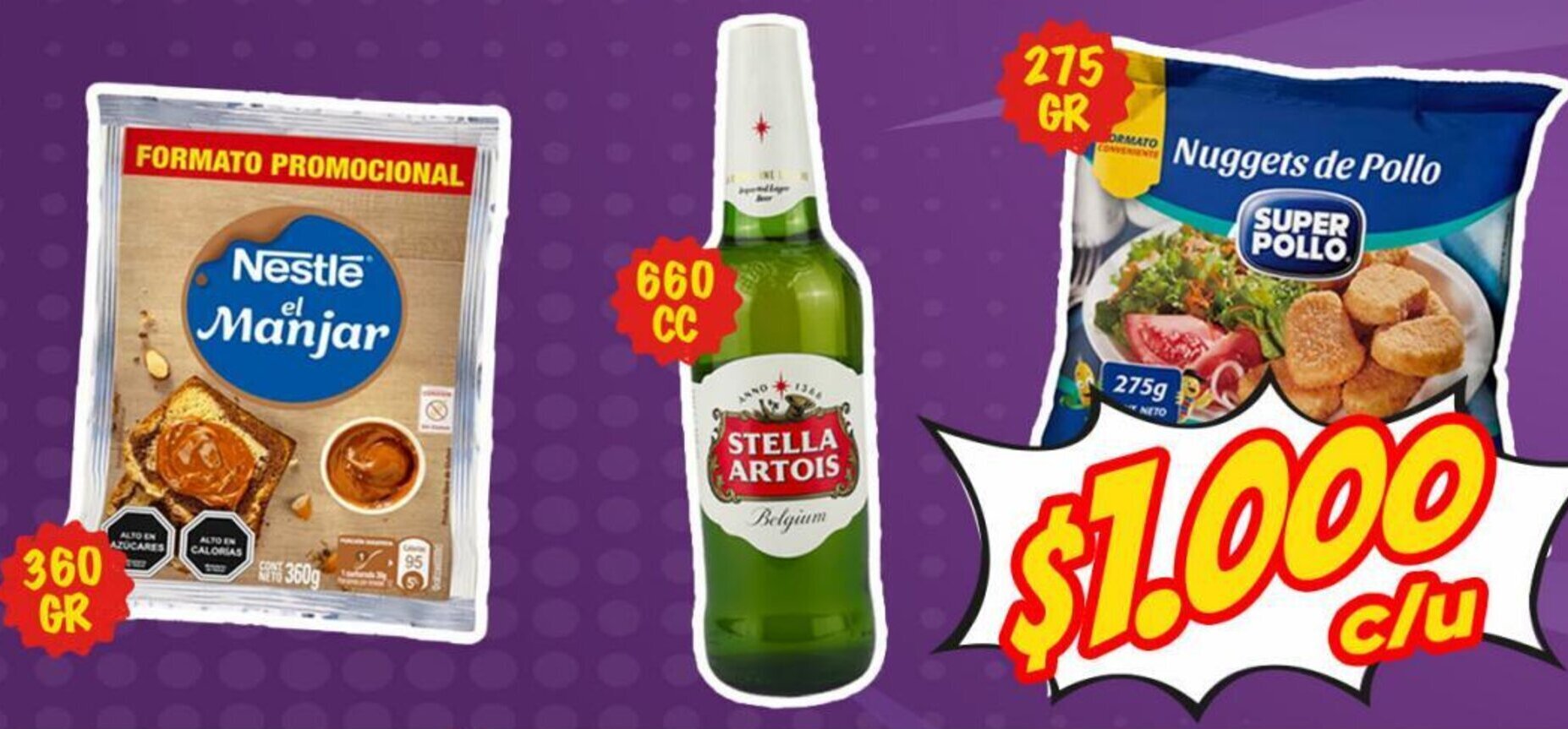 Nestlé el Manjar 360g, Stella Artois 660g, Nuggets de Pollo Super Pollo