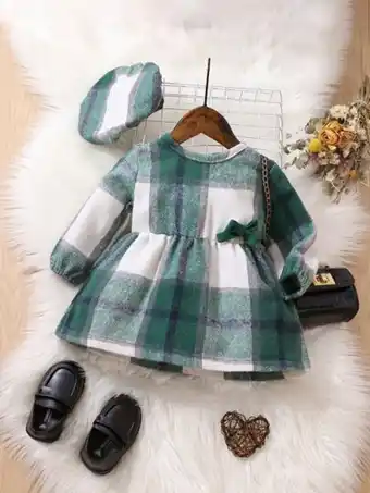 Shein Bebé vestido con estampado de cuadros con lazo delantero & sombrero oferta