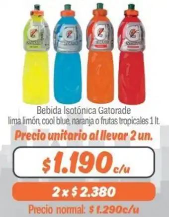 Mayorista 10 Bebida Isotónica Gatorade lima limón, cool blue, naranja o frutas tropicales 1lt oferta