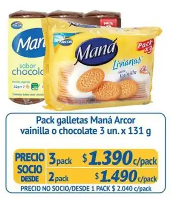 Alvi Pack Galletas Maná Arcor Vainilla o Chocolate 2 pack x 3 un x 131g oferta
