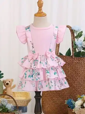 Bebé vestido 2 en 1 con estampado floral ribete con fruncido con lazo delantero bajo a capas