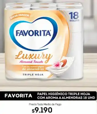 FAVORITA PAPEL HIGIÉNICO TRIPLE HOJA CON AROMA A ALMENDRAS 18 UND