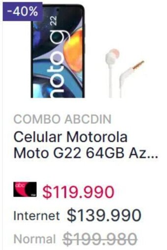 Abcdin COMBO ABCDIN Celular Motorola Moto G22 64GB Az... oferta