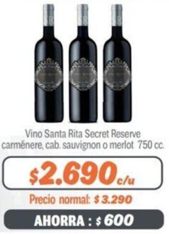 Mayorista 10 Vino Santa Rita Secret Reserve carmenere, cab. sauvignon o merlot 750 cc. oferta