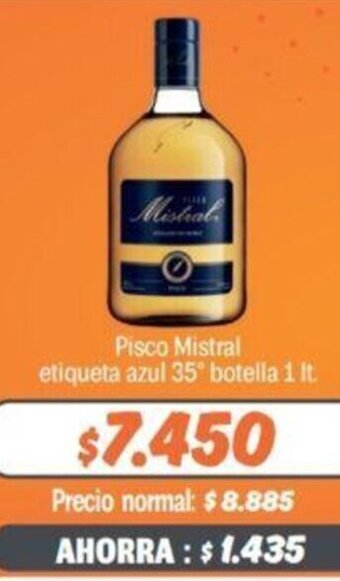 Mayorista 10 Pisco Mistral etiqueta azul 35° botella 1 lt. oferta