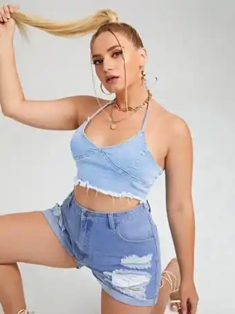 Shein Top mezclilla bajo crudo de espalda abierta oferta