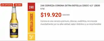 El Cielo 24X CERVEZA CORONA EXTRA BOTELLA 330CC 4,5° ($830 c/u) oferta