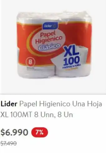 Lider Lider Papel Higienico Una Hoja XL 100MT 8 Unn, 8 Un oferta