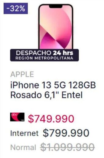 Abcdin iPhone 13 5G 128GB Rosado 6,1" Entel oferta