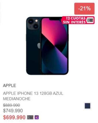 Ripley APPLE IPHONE 13 128GB AZUL MEDIANOCHE oferta