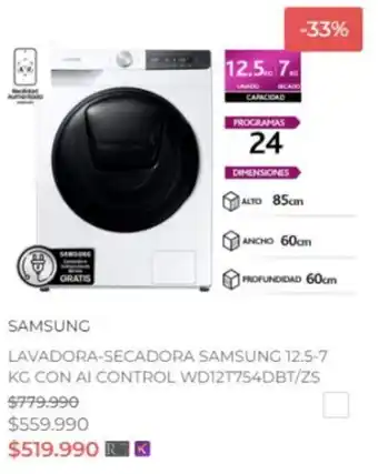 Ripley LAVADORA-SECADORA SAMSUNG 12.5-7 KG CON AI CONTROL WD12T754DBT/ZS oferta