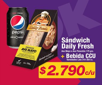 OK Market Sándwich Daily Fresh Ave Mayo o Ave Pimentón 175 grs. + Bebida CCU Variedades Lata 310-350 cc. oferta