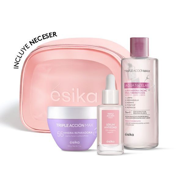 Ésika Set antiedad: agua micelar + sérum facial + crema de rostro 55+ neceser triple acción oferta