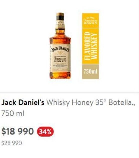 Jack Daniel's Whisky Honey 35° Botella., 750 ml oferta en Lider