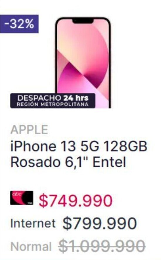 Abcdin iPhone 13 5G 128GB Rosado 6,1" Entel oferta