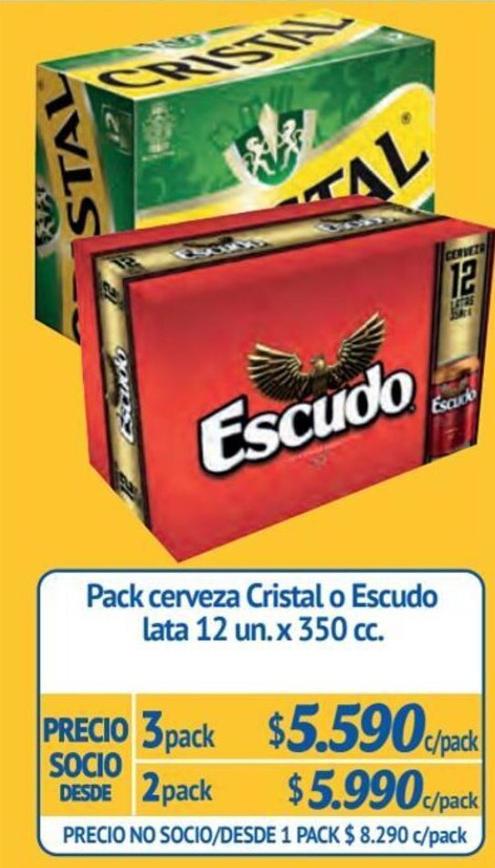 Alvi Pack cerveza Cristal o Escudo lata 3 pack x 12 un. x 350 cc. oferta