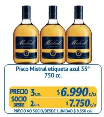 Alvi Pisco Mistral etiqueta azul 35° 3 un x 750 cc. oferta