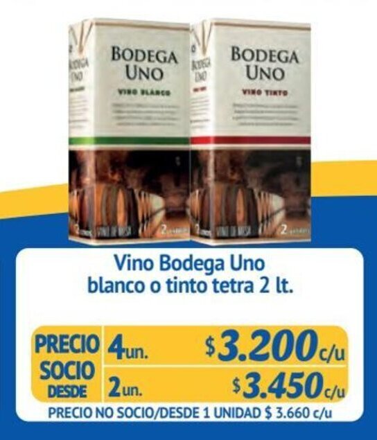 Alvi Vino Bodega Uno blanco o tinto tetra 4un x 2 lt. oferta