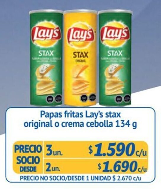 Alvi Papas fritas Lay's stax original o crema cebolla 3 un x 134 g oferta