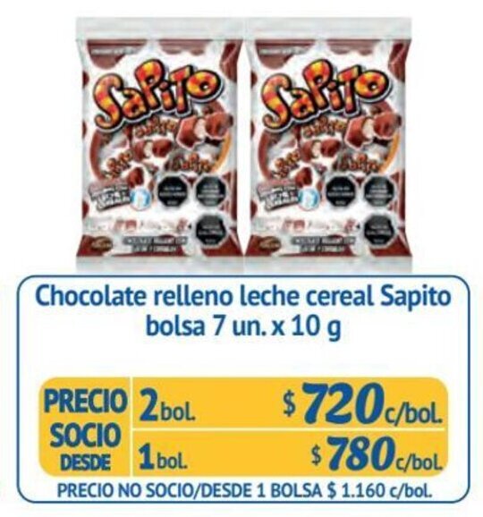 Alvi Chocolate relleno leche cereal Sapito bolsa 2 bol x 7 un. x 10 g oferta