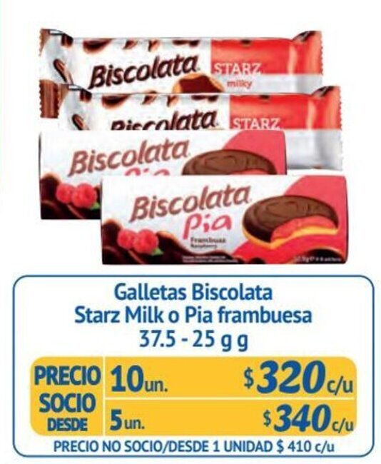 Alvi Galletas Biscolata Starz Milk o Pia frambuesa 10 un x 37.5 - 25 g oferta