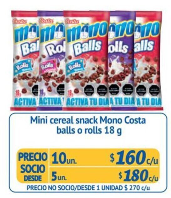 Alvi Mini cereal snack Mono Costa balls o rolls 10 un x 18 g oferta