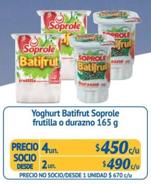 Alvi Yoghurt Batifrut Soprole frutilla o durazno 4 un x 165 g oferta