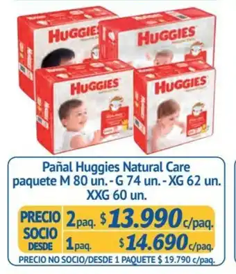 Alvi Pañal Huggies Natural Care paquete M 80 un.- G 74 un. - XG 62 un. - XXG 60 un. 2 paq. oferta