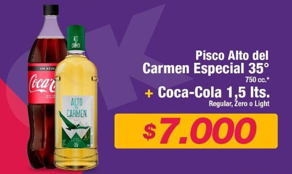 OK Market Pisco Alto del Carmen Especial 35° + Coca-Cola 1,5 Its. Regular, Zero o Light oferta