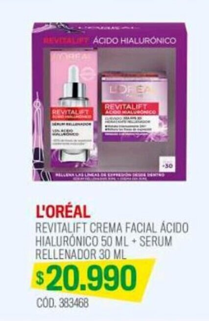 Cruz Verde L'ORÉAL REVITALIFT CREMA FACIAL ÁCIDO HIALURÓNICO 50 ML + SERUM RELLENADOR 30 ML oferta