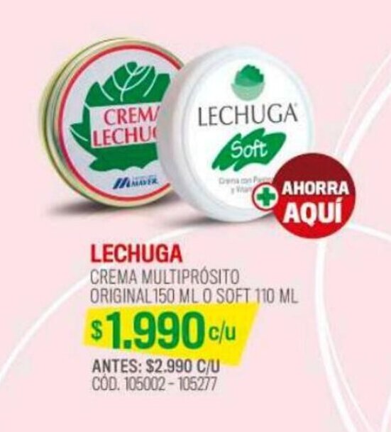 Cruz Verde LECHUGA CREMA MULTIPRÓSITO ORIGINAL 150 ML O SOFT 110 ML oferta