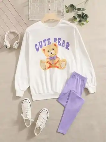 Shein Shein chicas adolescentes pullover con estampado de letra y dibujos animados & leggings oferta
