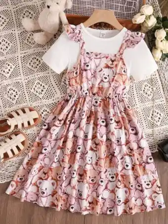 Shein Chicas camiseta unicolor & vestido overol con estampado de dibujos animados ribete con fruncido oferta