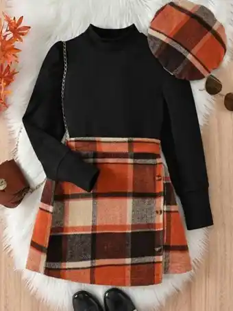 Shein Chicas camiseta de cuello alto & falda con estampado de cuadros oferta