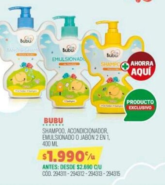 Cruz Verde BUBU SHAMPOO, ACONDICIONADOR. EMULSIONADO O JABON 2 EN 1. 400 ML oferta