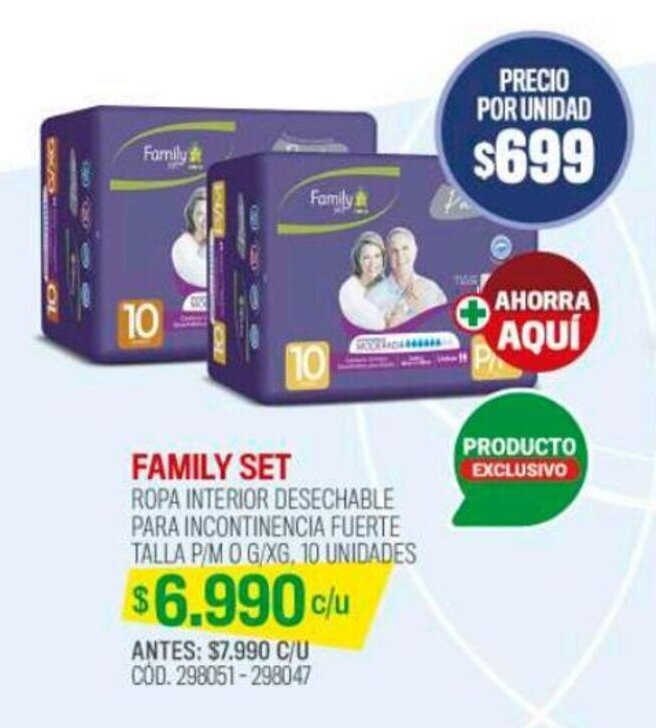 Cruz Verde FAMILY SET ROPA INTERIOR DESECHABLE PARA INCONTINENCIA FUERTE TALLA P/M O G/XG, 10 UNIDADES oferta
