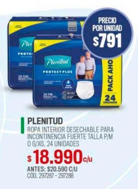 Cruz Verde PLENITUD ROPA INTERIOR DESECHABLE PARA INCONTINENCIA FUERTE TALLA P/M O G/XG, 24 UNIDADES oferta