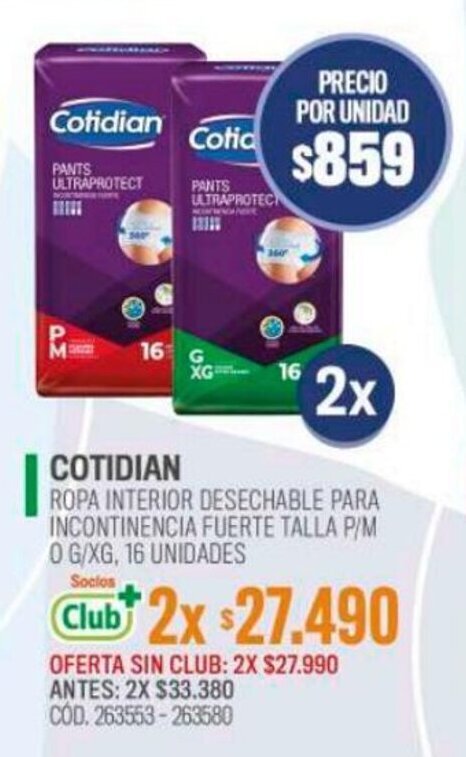 Cruz Verde COTIDIAN ROPA INTERIOR DESECHABLE PARA INCONTINENCIA FUERTE TALLA P/M 0 G/XG, 16 UNIDADES x 2 oferta