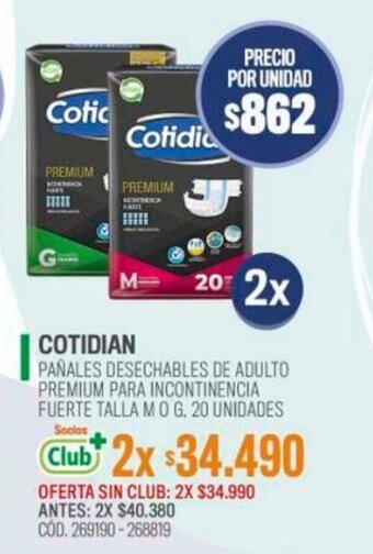 Cruz Verde COTIDIAN PAÑALES DESECHABLES DE ADULTO PREMIUM PARA INCONTINENCIA FUERTE TALLA M O G, 20 UNIDADES x 2 oferta