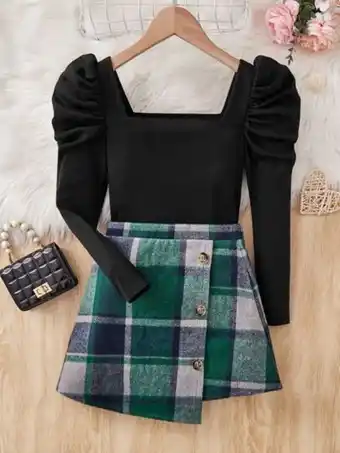 Shein Shein chicas top de manga gigot & falda con estampado de cuadros bajo asimétrico oferta