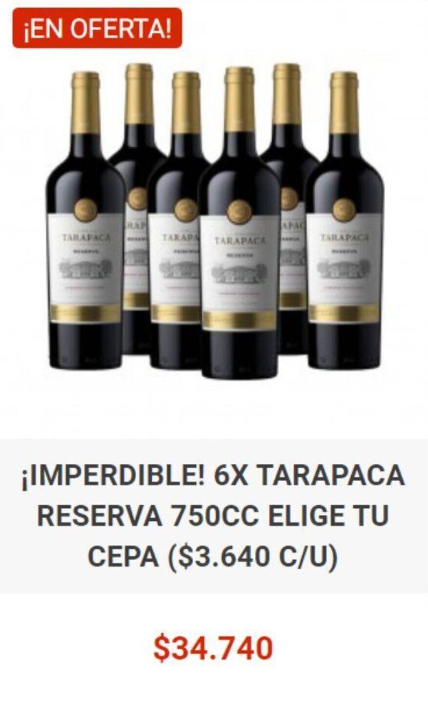 El Cielo ¡IMPERDIBLE! 6 X TARAPACA RESERVA 750CC ELIGE TU CEPA ($3.640 C/U) oferta