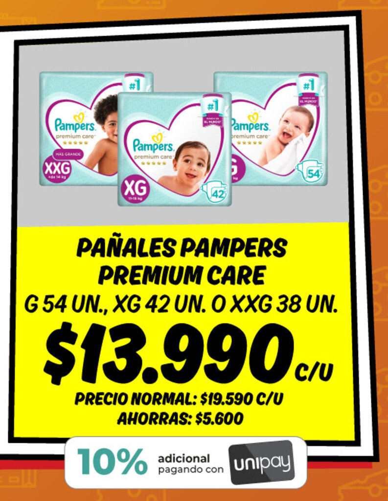 Mayorista 10 PAÑALES PAMPERS PREMIUM CARE G 54 UN., XG 42 UN. O XXG 38 UN. oferta