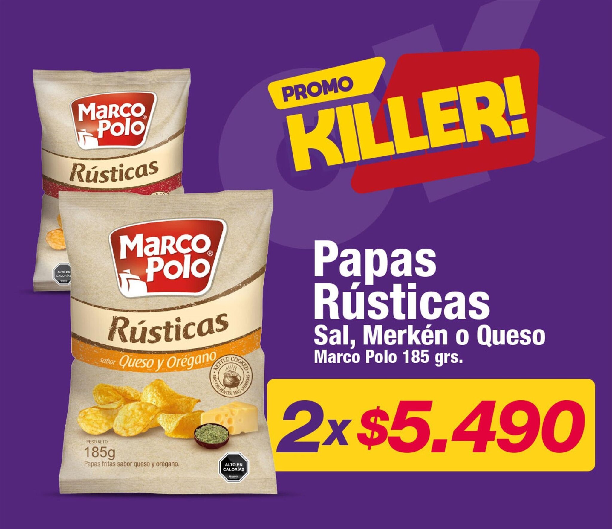 OK Market Papas Rústicas Sal, Merkén o Queso Marco Polo 185 grs. x 2 oferta
