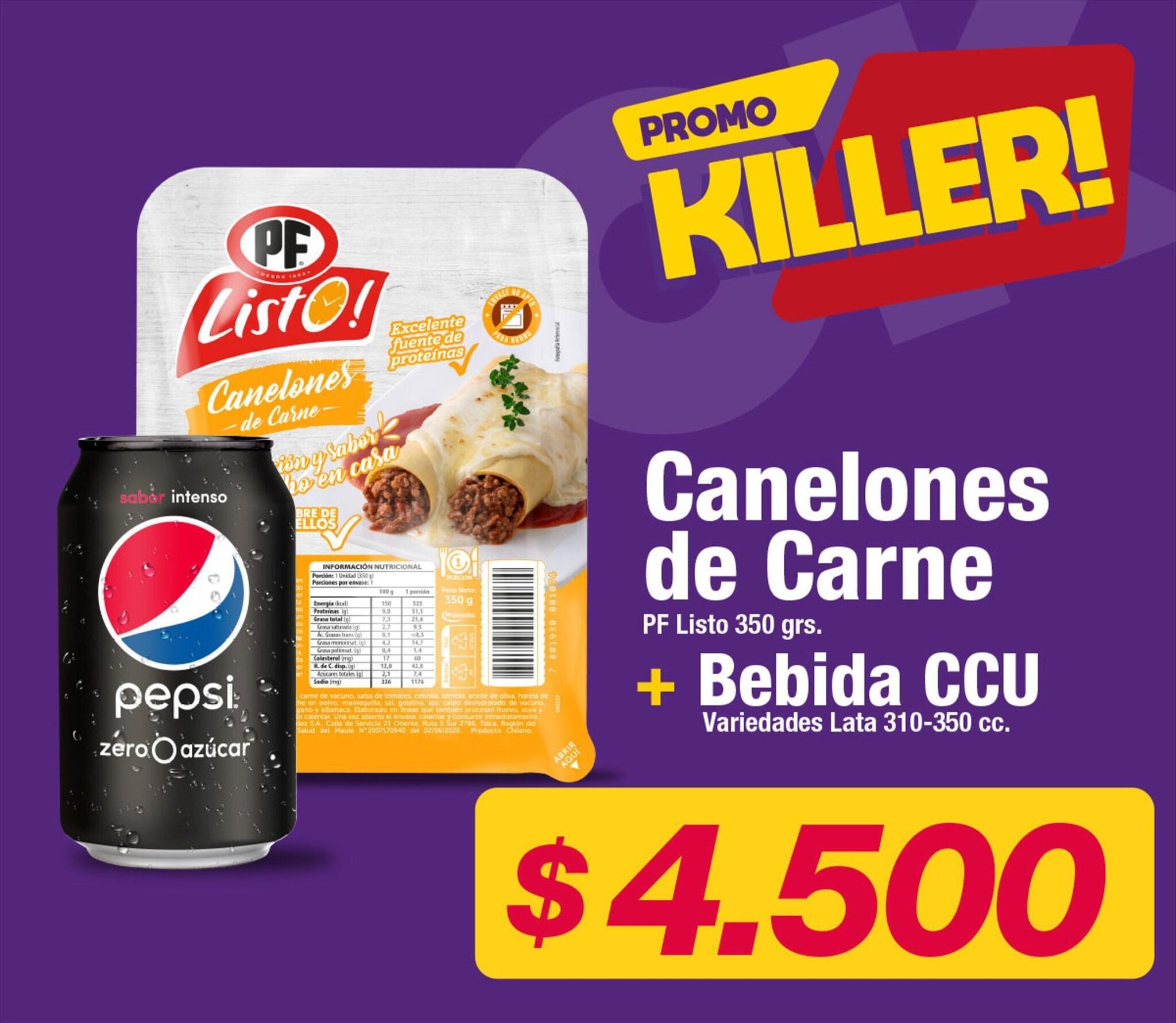 OK Market Canelones de Carne PF Listo 350 grs. + Bebida CCU Variedades Lata 310-350 cc. oferta
