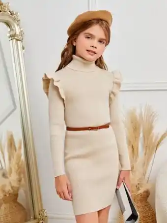 Shein Niñas vestido de punto de cuello tortuga ribete con fruncido sin cinturón oferta