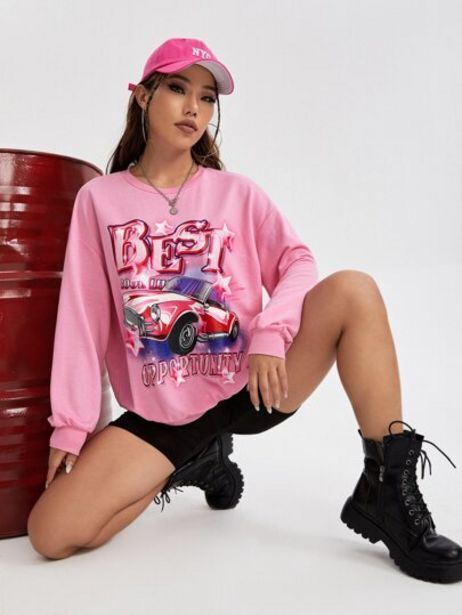 Shein Shein ezwear bikercore sudadera con estampado de coche y letra de hombros caídos oferta
