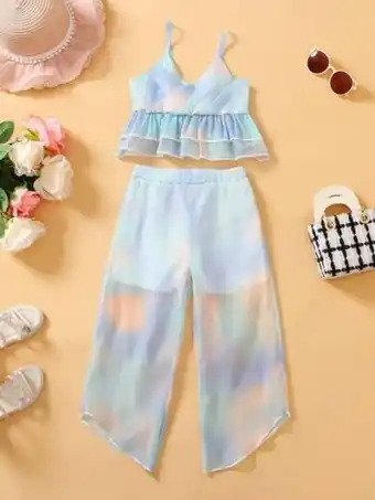 Shein Niñas top de tirantes de tie dye bajo con fruncido con pantalones oferta
