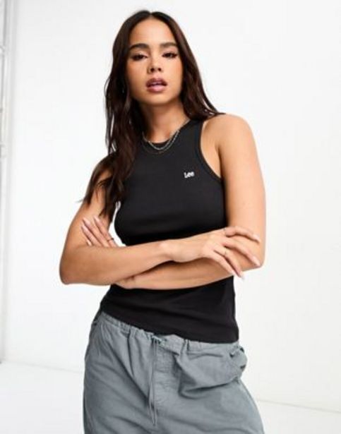 Asos Lee ribbed tank top with emboridered logo in washed black oferta