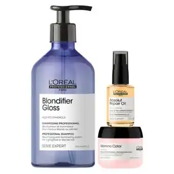 Linio Set cuidado del color cabello rubio blondifier shampoo 500ml + máscara vitamino color 75ml + aceite 10 en 1 30ml loreal profe oferta
